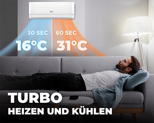 Klimaanlage mit Turbo-Funktion kühlt auf 16 °C in 30 Sekunden oder heizt auf 31 °C in 60 Sekunden, während ein Mann entspannt auf dem Sofa liegt.