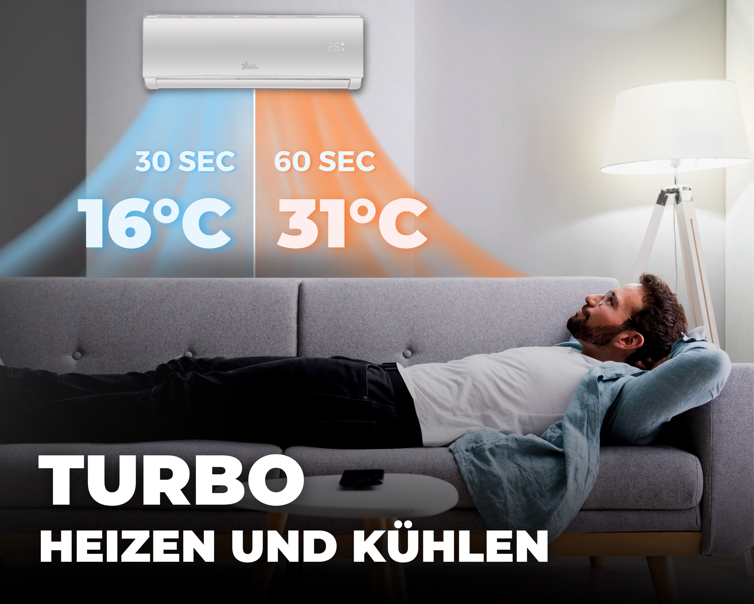 Klimaanlage mit Turbo-Funktion kühlt auf 16 °C in 30 Sekunden oder heizt auf 31 °C in 60 Sekunden, während ein Mann entspannt auf dem Sofa liegt.